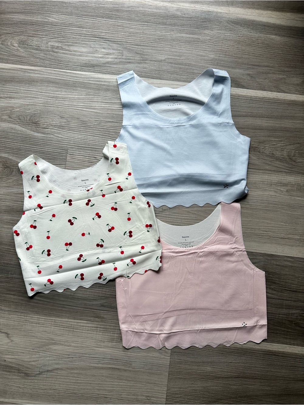 Girls Scallop Hem Crop Modal Tank Top Set - Light Blue, Pink & Cherry